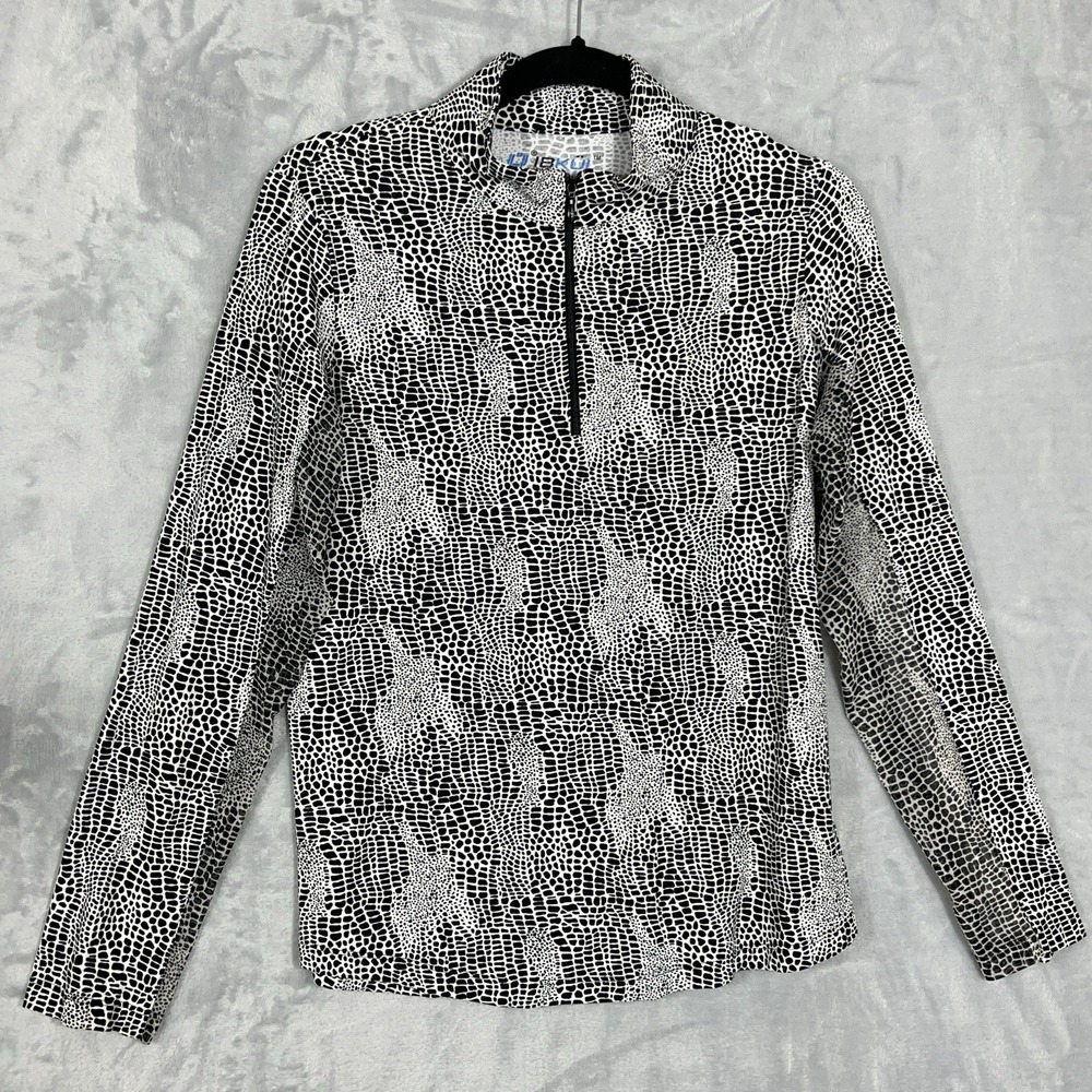 IBKUL Shirt Women M Black White Print Golf Nylon Top UPF 50+ Cool Feel Quick Dry